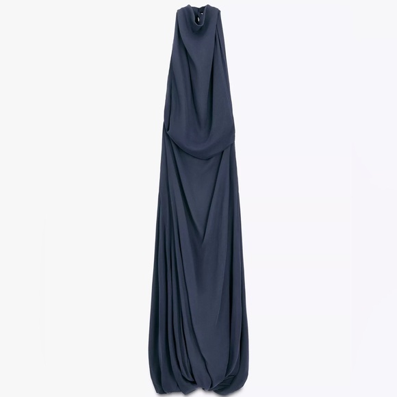 Zara LIMITED EDITION Navy Blue Halter Dress w/ Voluminous Hem Size XS NWT